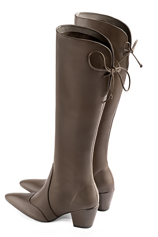 Taupe brown women's knee-high boots, with laces at the back. Tapered toe. Medium cone heels. Made to measure. Rear view - Florence KOOIJMAN